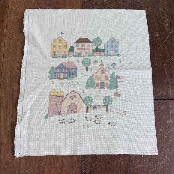 Vintage Cross Stitch Pastel Farm Scene Nursery Decor COMPLETE Ready to Frame - Picture 1 of 6
